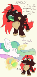 Size: 1584x3333 | Tagged: safe, artist:firefanatic, princess celestia, oc, oc:red alicorn, alicorn, pony, g4, alicorn oc, angry, big ears, candy, chest fluff, dialogue, fluffy, food, horn, lollipop, magic, missing accessory, onomatopoeia, red and black oc, smiling, sound effects, wings