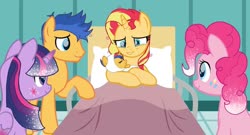 Size: 1280x691 | Tagged: safe, artist:sunsetsentry, flash sentry, pinkie pie, sunset shimmer, twilight sparkle, alicorn, pony, g4, baby, baby pony, base used, bed, female, hospital bed, male, offspring, parent:flash sentry, parent:sunset shimmer, parents:flashimmer, ship:flashimmer, shipping, straight, twilight sparkle (alicorn)