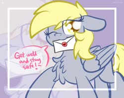 Size: 1920x1513 | Tagged: dead source, safe, artist:php142, derpy hooves, pegasus, pony, g4, coronavirus, covid-19, dialogue, eye clipping through hair, female, letter, looking at you, mare, mouth hold, one eye closed, smiling, wink, zoom layer