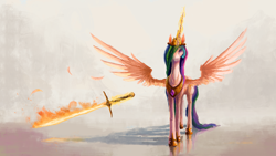 Size: 1920x1080 | Tagged: safe, artist:plainoasis, princess celestia, alicorn, pony, g4, armor, clothes, crown, feather, female, fire, flaming sword, gem, hair over one eye, jewelry, looking at you, magic, mare, multicolored hair, multicolored mane, multicolored tail, regalia, shadow, shoes, smiling, smiling at you, solo, spread wings, sword, tail, telekinesis, warrior, warrior celestia, weapon, wings