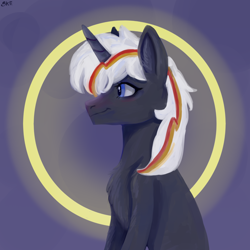 Size: 1624x1624 | Tagged: safe, artist:ske, oc, oc only, oc:velvet remedy, pony, unicorn, fallout equestria, abstract background, fanfic, fanfic art, female, horn, mare, profile, sitting, solo