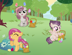 Size: 1944x1476 | Tagged: safe, artist:pancakeartyt, oc, oc only, oc:apple flower, oc:stormy night, oc:sweet beats, earth pony, pegasus, pony, unicorn, base used, basket, easter basket, female, filly, offspring, parent:apple bloom, parent:button mash, parent:rumble, parent:scootaloo, parent:sweetie belle, parent:tender taps, parents:rumbloo, parents:sweetiemash, parents:tenderbloom