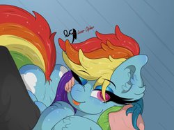 Size: 4703x3534 | Tagged: safe, artist:lunarcipher1, rainbow dash, human, pegasus, pony, g4, both cutie marks, cuddling, female, long mane, looking at you, mare, one eye closed, petting, tongue out