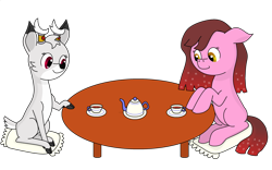 Size: 2892x1810 | Tagged: safe, artist:mannitenerisunt, oc, oc only, oc:cherry bottom, oc:maple (colt quest), deer, earth pony, fawn, pony, colt quest, antlers, cloven hooves, colt, cup, cute, food, jewelry, male, pillow, simple background, sitting, smiling, table, tea, tea set, teacup, teapot, transparent background
