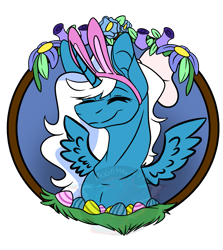 Size: 1209x1353 | Tagged: safe, artist:moonheart77, oc, oc only, oc:fleurbelle, alicorn, pony, alicorn oc, bow, bunny ears, easter, easter egg, egg, eyes closed, female, flower, hair bow, holiday, horn, mare, simple background, solo, transparent background, watermark, wings
