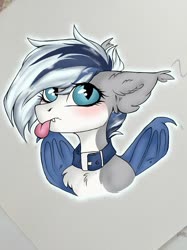 Size: 899x1200 | Tagged: safe, artist:drakekok, oc, oc only, oc:lucifi, pony, :p, bust, collar, fangs, female, portrait, solo, tongue out