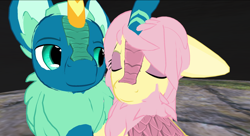 Size: 1942x1056 | Tagged: safe, artist:melimoo2000, fluttershy, sky stinger, kirin, pony, g4, 3d, big ears, chest fluff, couple, ear fluff, eyes closed, horn, kirin fluttershy, kirin-ified, looking at each other, scales, second life, species swap