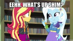 Size: 600x337 | Tagged: safe, edit, edited screencap, screencap, sunset shimmer, trixie, equestria girls, equestria girls specials, g4, my little pony equestria girls: better together, my little pony equestria girls: forgotten friendship, bugs bunny, caption, carrot, food, geode of empathy, image macro, library, looney tunes, magical geodes, male, meme, memeful.com, roleplaying, text