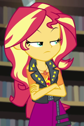 Size: 697x1042 | Tagged: safe, screencap, sunset shimmer, equestria girls, equestria girls specials, g4, my little pony equestria girls: better together, my little pony equestria girls: forgotten friendship, cropped, crossed arms, female, geode of empathy, library, magical geodes, solo