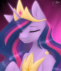 Size: 3420x3992 | Tagged: safe, artist:mix2546, twilight sparkle, alicorn, pony, g4, the last problem, bust, crown, ethereal mane, eyes closed, female, high res, jewelry, mare, older, older twilight, older twilight sparkle (alicorn), peytral, portrait, princess twilight 2.0, raised hoof, regalia, signature, smiling, solo, starry mane, twilight sparkle (alicorn)