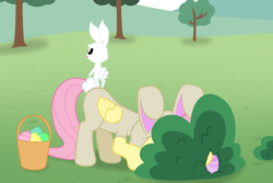 Size: 3000x2000 | Tagged: safe, artist:nitei, angel bunny, fluttershy, pegasus, pony, rabbit, g4, animal, animal costume, basket, bunny costume, clothes, costume, crouching, duo, easter basket, easter egg, easter egg hunt, egg, high res