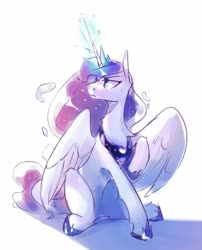 Size: 1107x1370 | Tagged: safe, artist:anticular, princess luna, alicorn, pony, g4, chest fluff, female, glowing horn, horn, mare, simple background, sitting, solo, white background