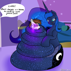 Size: 2500x2500 | Tagged: safe, artist:devittshao, pipsqueak, princess luna, lamia, original species, g4, constriction, dialogue, female, female pred, female predator, high res, imminent vore, implied princess celestia, kitchen eyes, lamiafied, licking, licking lips, lunamia, lunapred, male, male prey, mind control, offscreen character, older, ship:lunapip, shipping, species swap, speech bubble, stallion, story included, straight, tail ring, tongue out, vore