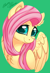 Size: 2552x3707 | Tagged: safe, artist:gleamydreams, fluttershy, pegasus, pony, g4, bust, chest fluff, cute, ear fluff, female, green background, high res, looking at you, mare, shyabetes, simple background, solo