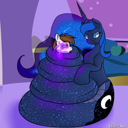Size: 2500x2500 | Tagged: safe, alternate version, artist:devittshao, pipsqueak, princess luna, lamia, original species, g4, constriction, female, female pred, female predator, high res, imminent vore, lamiafied, lunamia, lunapred, male, male prey, mind control, older, ship:lunapip, shipping, species swap, stallion, story included, straight, tail ring, textless version
