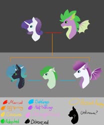 Size: 1024x1229 | Tagged: safe, artist:fluffy-fillies, rarity, spike, oc, dracony, hybrid, g4, family tree, female, interspecies offspring, male, offspring, parent:rarity, parent:spike, parents:sparity, ship:sparity, shipping, straight