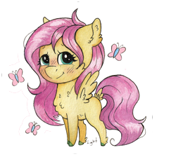 Size: 1512x1372 | Tagged: safe, artist:lightisanasshole, fluttershy, butterfly, pegasus, pony, g4, adorkable, blushing, cheek fluff, chest fluff, chibi, colored hooves, cute, dork, ear fluff, female, long hair, long mane, looking at you, redesign, shyabetes, smiling, solo, sticker, tail feathers