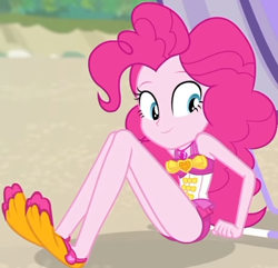 Size: 468x452 | Tagged: safe, screencap, pinkie pie, equestria girls, equestria girls series, forgotten friendship, g4, beach, beach chair, blurry background, bowtie, chair, clothes, cropped, curly hair, cute, diapinkes, female, flippers (gear), geode of sugar bombs, jewelry, legs, looking down, magical geodes, necklace, outdoors, pinkie pie swimsuit, sand, sitting, sleeveless, smiling, solo, swimsuit