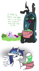 Size: 835x1523 | Tagged: source needed, safe, artist:jargon scott, princess cadance, queen chrysalis, shining armor, alicorn, changeling, changeling queen, pony, unicorn, g4, bunny ears, changeling egg, comic, disgusted, easter, easter egg, egg, female, holiday, implied oviposition