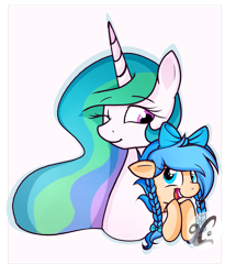 Size: 2273x2639 | Tagged: safe, artist:applerougi, princess celestia, oc, oc:happy splash, pony, g4, bow, bust, cute, duo, hair bow, high res, looking at each other, one eye closed, pink background, simple background