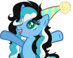 Size: 1046x838 | Tagged: safe, artist:bublebee123, oc, oc only, oc:moonlight shadow, alicorn, pony, alicorn oc, bipedal, birthday, birthday gift, blushing, cute, ear piercing, earring, fangs, female, hat, horn, jewelry, mare, multicolored hair, open mouth, party hat, piercing, raised hoof, scar, simple background, solo, starry eyes, transparent background, wingding eyes, wings