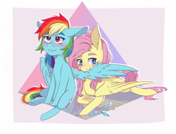 Size: 2500x1900 | Tagged: safe, artist:silbersternenlicht, fluttershy, rainbow dash, pegasus, pony, g4, abstract background, blushing, commissioner:beanzoboy, digital art, female, grooming, lesbian, lip bite, mare, one wing out, preening, ship:flutterdash, shipping, smiling, three quarter view, wings