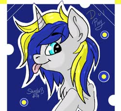 Size: 784x720 | Tagged: safe, artist:_wulfie, oc, oc only, oc:double play, pony, unicorn, abstract background, chest fluff, ear fluff, horn, male, smiling, solo, stallion, text, tongue out, unicorn oc