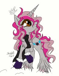 Size: 720x923 | Tagged: safe, alternate version, artist:_wulfie, oc, oc only, oc:glam button, pony, unicorn, clothes, colored, female, grin, horn, looking up, mare, mittens, raised hoof, scarf, signature, simple background, smiling, solo, text, unicorn oc, unshorn fetlocks, white background
