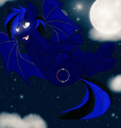 Size: 969x1024 | Tagged: safe, artist:_wulfie, oc, oc only, bat pony, pony, bat pony oc, bat wings, fangs, flying, full moon, male, moon, night, open mouth, sky, solo, stallion, wings