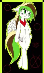 Size: 1024x1679 | Tagged: safe, artist:_wulfie, oc, oc only, pegasus, pony, abstract background, bipedal, chest fluff, neckerchief, pegasus oc, scar, solo, wings