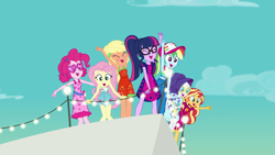 Size: 1280x720 | Tagged: safe, screencap, applejack, fluttershy, pinkie pie, rainbow dash, rarity, sci-twi, sunset shimmer, twilight sparkle, equestria girls, g4, i'm on a yacht, my little pony equestria girls: better together, armpits, arms in the air, clothes, dress, female, hands in the air, humane five, humane seven, humane six, shorts, skirt, sleeveless, sleeveless dress, tank top