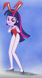 Size: 893x1639 | Tagged: safe, artist:grapefruitface1, twilight sparkle, equestria girls, g4, bare shoulders, bowtie, bunny ears, bunny suit, clothes, cloud, cuffs (clothes), daicon iv, electric light orchestra, female, looking at you, playboy bunny, show accurate, sky, sleeveless, solo, strapless, sword, sword surfing, weapon