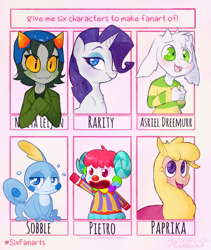 Size: 750x888 | Tagged: safe, artist:lilpinkghost, paprika (tfh), rarity, alpaca, pony, sobble, unicorn, anthro, them's fightin' herds, g4, animal crossing, anthro with ponies, asriel dreemurr, clothes, community related, crossover, female, homestuck, male, mare, nepeta leijon, pokémon, six fanarts, smiling, undertale