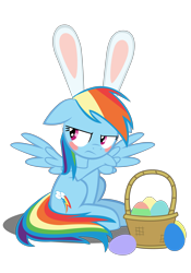 Size: 4134x5906 | Tagged: safe, artist:ace play, rainbow dash, pegasus, pony, g4, absurd resolution, basket, blushing, bunny ears, crossed arms, cute, dashabetes, easter, easter egg, female, floppy ears, holiday, rainbow dash is not amused, simple background, sitting, solo, spread wings, transparent background, tsunderainbow, tsundere, unamused, vector, wings