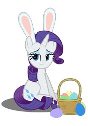 Size: 4134x5906 | Tagged: safe, artist:ace play, rarity, pony, unicorn, g4, absurd resolution, basket, bedroom eyes, bunny ears, cute, easter, easter egg, female, holiday, looking at you, mare, raribetes, rarity being rarity, simple background, sitting, smiling, smirk, solo, transparent background, vector