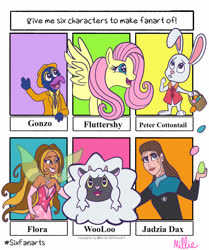 Size: 1500x1791 | Tagged: safe, artist:milliedubois, fluttershy, fairy, pegasus, pony, rabbit, wooloo, anthro, g4, animal, anthro with ponies, basket, clothes, crossover, easter egg, fairy wings, female, flora (winx club), gonzo, magic winx, mare, peter cottontail, pokémon, rainbow s.r.l, six fanarts, smiling, star trek, star trek: deep space nine, the muppets, waving, wings, winx club