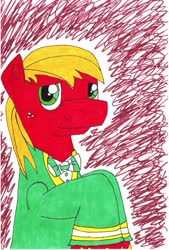 Size: 2215x3279 | Tagged: safe, artist:jarcup, big macintosh, earth pony, pony, g4, abstract background, bowtie, bust, freckles, high res, male, ponytones outfit, solo, stallion, traditional art