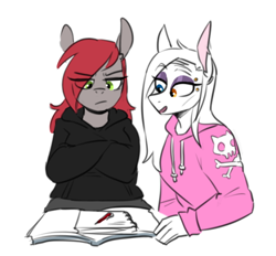 Size: 540x502 | Tagged: safe, artist:redxbacon, oc, oc only, oc:cherry stone, oc:rubber bunny, anthro, clothes, duo, female, heterochromia, hoodie