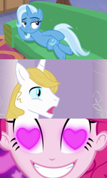 Size: 1200x1996 | Tagged: safe, edit, edited screencap, screencap, pinkie pie, prince blueblood, trixie, coinky-dink world, eqg summertime shorts, equestria girls, g4, road to friendship, couch, draw me like one of your french girls, female, heart eyes, male, meme, pinkie's eyes, ship:bluetrix, shipping, shipping domino, straight, wingding eyes