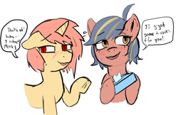 Size: 1698x1102 | Tagged: safe, artist:kdd, oc, oc:dual, oc:looker loops, earth pony, pony, unicorn, ahoge, awkward moment, blushing, colored sketch, dialogue, embarrassed, freckles, hair streaks, looking away, red pupils, tissue box
