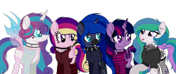 Size: 3500x1466 | Tagged: safe, artist:angelina-pax, oc, oc only, oc:angsty emocore, oc:clausa vera, oc:misanthropy melody, oc:myringa, oc:soprano shadow, alicorn, bat pony, bat pony alicorn, changeling, earth pony, pegasus, pony, unicorn, vampire, alicorn oc, band, bat pony oc, bat wings, changeling oc, chinese, choker, clothes, curved horn, fangs, female, fishnet stockings, flannel, heart, hoodie, horn, horn ring, jewelry, lip piercing, look-alike, markings, messy mane, multicolored hair, necklace, nose piercing, nose ring, not cadance, not celestia, not flurry heart, not luna, not twilight sparkle, piercing, raised hoof, siblings, simple background, sisters, socks, spiked choker, striped socks, tattoo, transparent background, wall of tags, wing piercing, wings, wristband, ych result