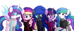 Size: 3500x1466 | Tagged: safe, alternate version, artist:angelina-pax, oc, oc only, oc:angsty emocore, oc:clausa vera, oc:misanthropy melody, oc:myringa, oc:soprano shadow, alicorn, bat pony, bat pony alicorn, changeling, earth pony, pegasus, pony, unicorn, vampire, alicorn oc, band, bat pony oc, bat wings, changeling oc, chinese, choker, clothes, curved horn, fangs, female, fishnet stockings, flannel, heart, hoodie, horn, horn ring, jewelry, lip piercing, look-alike, markings, messy mane, multicolored hair, necklace, nose piercing, nose ring, not cadance, not celestia, not flurry heart, not luna, not twilight sparkle, piercing, raised hoof, siblings, simple background, sisters, socks, spiked choker, striped socks, tattoo, transparent background, wall of tags, wing piercing, wings, wristband, ych result