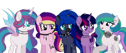 Size: 3500x1466 | Tagged: safe, alternate version, artist:angelina-pax, oc, oc only, oc:angsty emocore, oc:clausa vera, oc:misanthropy melody, oc:myringa, oc:soprano shadow, alicorn, bat pony, bat pony alicorn, changeling, earth pony, pegasus, pony, unicorn, vampire, alicorn oc, band, bat pony oc, bat wings, changeling oc, chinese, choker, clothes, curved horn, fangs, female, heart, horn, horn ring, jewelry, lip piercing, look-alike, markings, messy mane, multicolored hair, necklace, nose piercing, nose ring, not cadance, not celestia, not flurry heart, not luna, not twilight sparkle, piercing, raised hoof, siblings, simple background, sisters, socks, spiked choker, tattoo, transparent background, wall of tags, wing piercing, wings, wristband, ych result