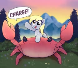 Size: 2048x1803 | Tagged: safe, artist:moozua, derpy hooves, crab, giant crab, pegasus, pony, g4, cute, derpabetes, female, mare, mountain, outdoors, speech bubble