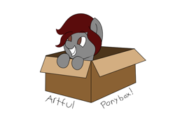 Size: 842x595 | Tagged: safe, artist:digital blackjack, oc, oc only, oc:artfulcord, pegasus, pony, box, cardboard box, colt, male, pony in a box, sikan pegasus, simple background, solo, white background
