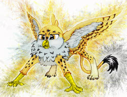 Size: 3518x2689 | Tagged: safe, artist:joestick, artist:vedont, oc, oc only, oc:beaky, griffon, fanfic:yellow feathers, behaving like a bird, chest fluff, high res, puffed up, puffy cheeks, scrunchy face, solo, threat display, traditional art