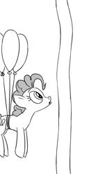 Size: 675x1200 | Tagged: safe, artist:pony-berserker, pinkie pie, starlight glimmer, earth pony, pony, unicorn, g4, balloon, duo, female, floating, grayscale, long glimmer, meme, monochrome, simple background, then watch her balloons lift her up to the sky, white background, wide eyes