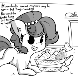 Size: 2250x2250 | Tagged: safe, artist:tjpones, part of a set, oc, oc only, oc:brownie bun, earth pony, pony, horse wife, basket, dialogue, easter basket, easter egg, female, grayscale, high res, implied richard, jewelry, mare, monochrome, necklace, pearl necklace, portal (valve), portal gun, simple background, solo, white background