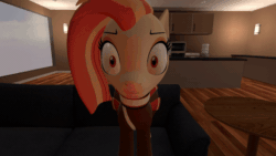 Size: 600x338 | Tagged: safe, artist:dragonsam98, shimmy shake, earth pony, pony, g4, 3d, angry, animated, error message, eye twitch, female, gif, grin, gritted teeth, meta, reaction image, smiling, source filmmaker, this will end in death