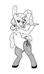 Size: 1894x3164 | Tagged: safe, artist:longinius, rarity, pony, unicorn, g4, bipedal, black and white, blushing, bunny ears, bunny suit, clothes, female, fishnet clothing, fishnet pantyhose, fishnet stockings, grayscale, leotard, lineart, looking at you, mare, monochrome, pantyhose, shoes, solo, stockings, thigh highs, wine bottle